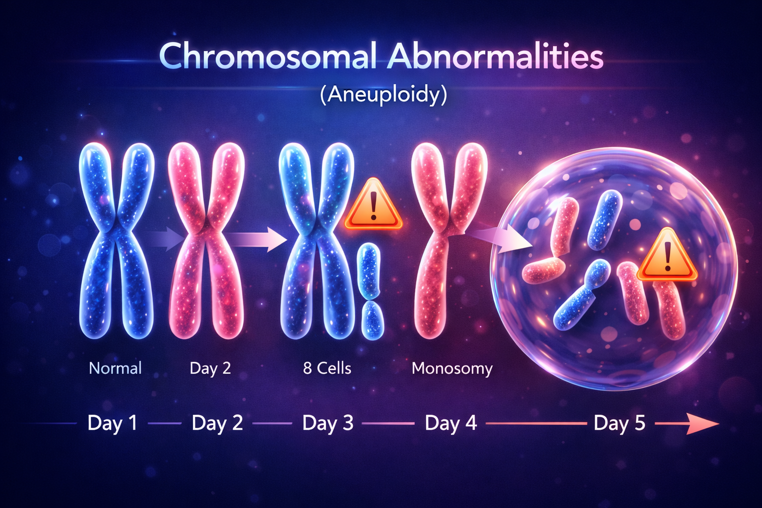 Chromosomal abnormalities aneuploidy showing extra or missing chromosomes affecting embryo development