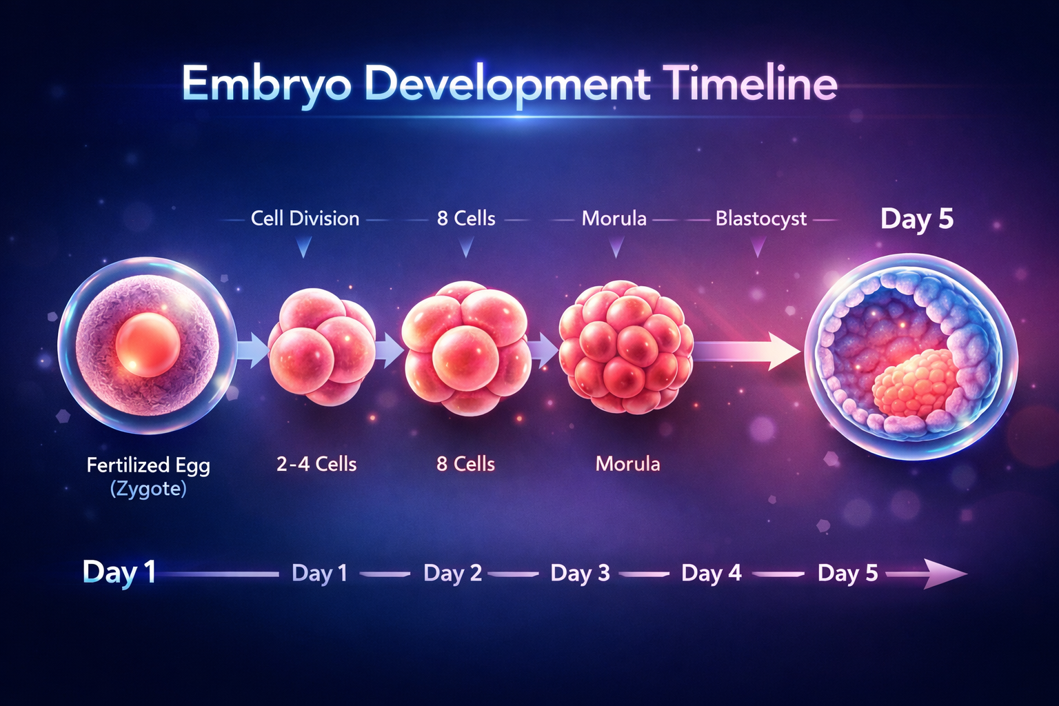 Embryo development timeline from Day 1 fertilized egg to Day 5 blastocyst during IVF
